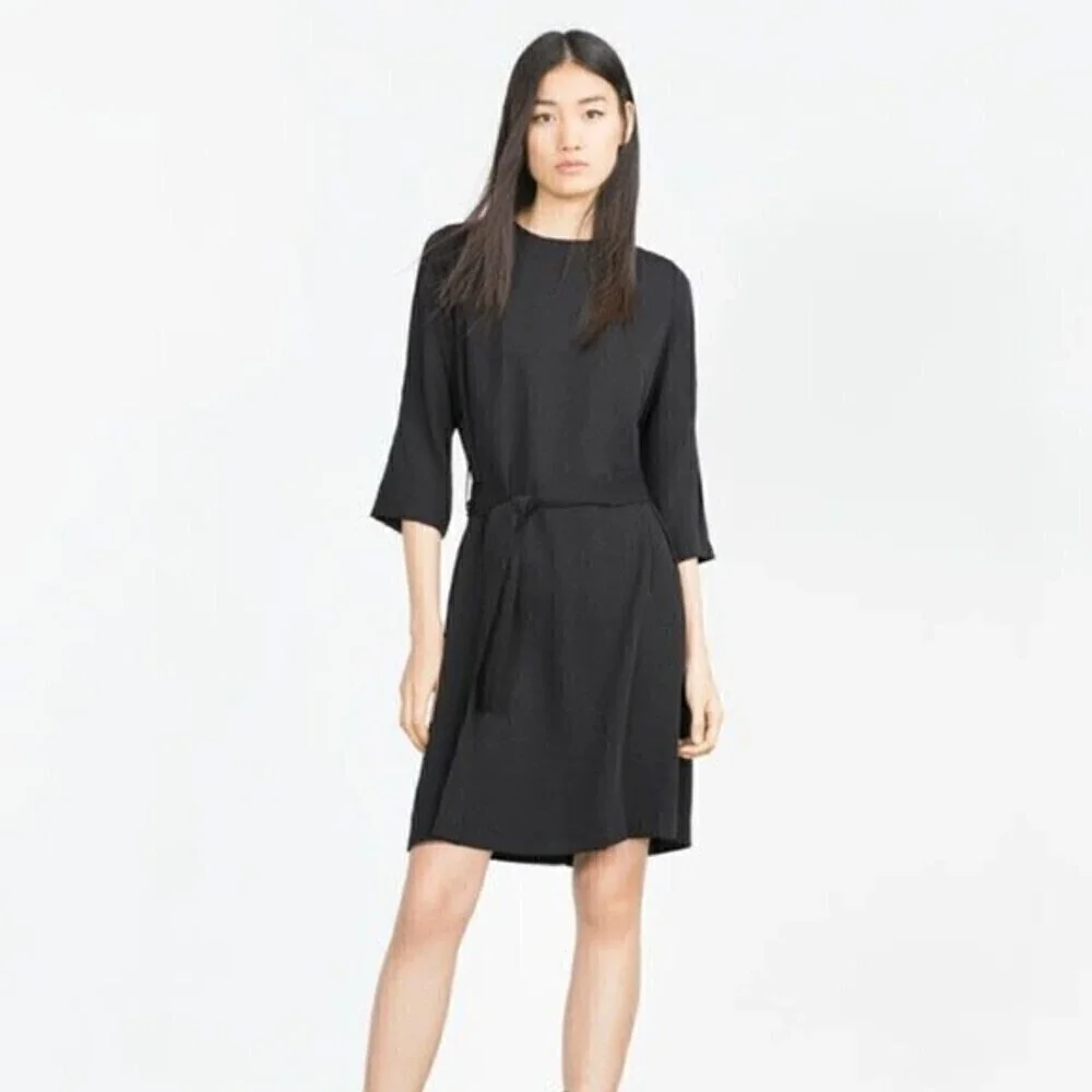 Zara Black 3/4 Sleeve Belted Career Sheath Dress Size Medium